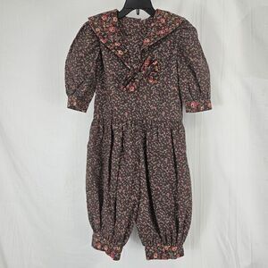 Vintage Floral Print Balloon Jumpsuit Collar Bow Fits Toddler Girl Size 3/4
